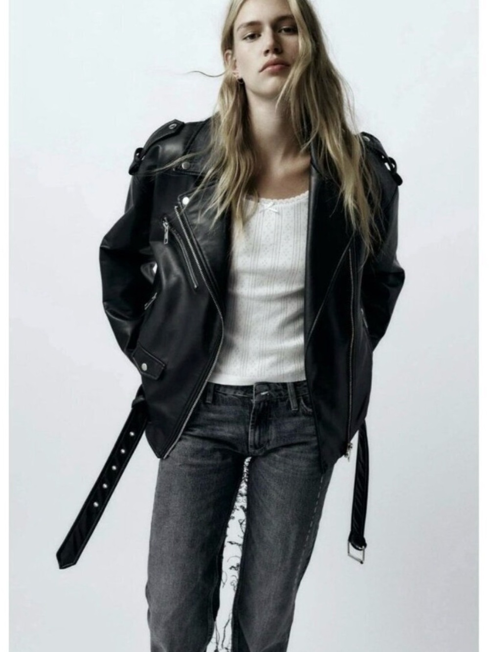 Zara Black Leather Biker Jacket with Belt